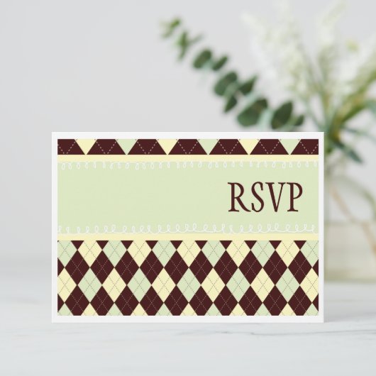 方法RSVPカードの中立緑のアーガイル柄のなベビー 出欠カード (スタンド正面)