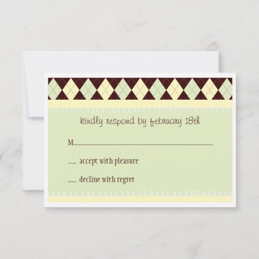 方法RSVPカードの中立緑のアーガイル柄のなベビー 出欠カード (裏面)