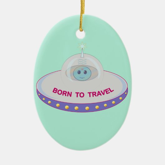 旅が好きなかわいい宇宙人と空飛ぶ円盤 セラミックオーナメント (正面)