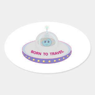 旅が好きなかわいい宇宙人と空飛ぶ円盤 楕円形シール