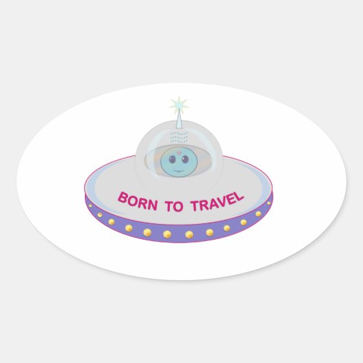 旅が好きなかわいい宇宙人と空飛ぶ円盤 楕円形シール (正面)