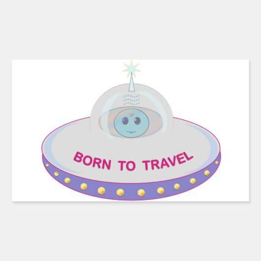 旅が好きなかわいい宇宙人と空飛ぶ円盤 長方形シール (正面)