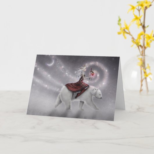 旅の乙女と北極熊のファンタジーアート カード (黄色い花)