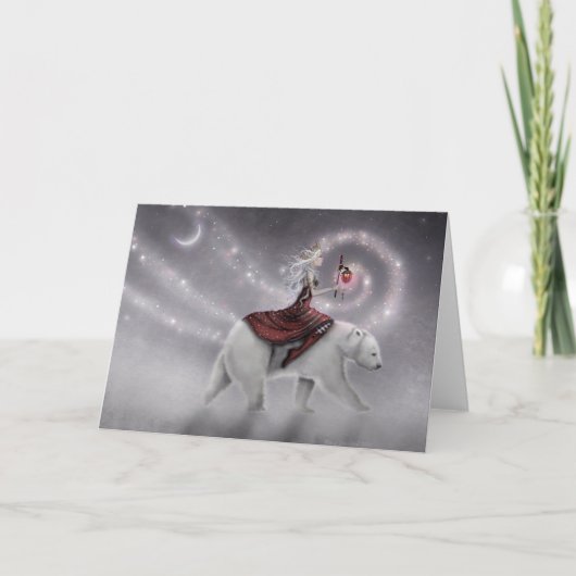 旅の乙女と極地の熊の幻想アート カード (正面)