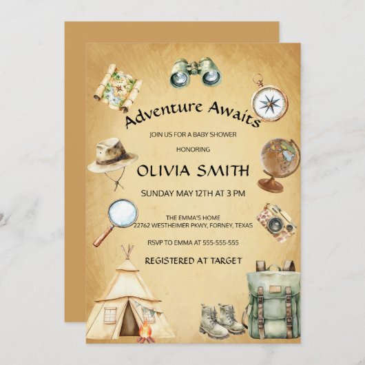 旅の冒険が赤男女兼用ちゃんシャワーを待つ 招待状 (正面/裏面)