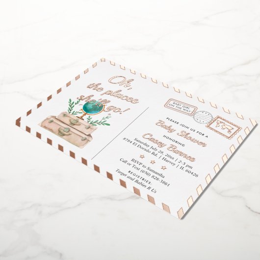 旅の場で彼女が行くベビーガールシャワーバラ金ゴールド 箔招待状 (回転した状態)