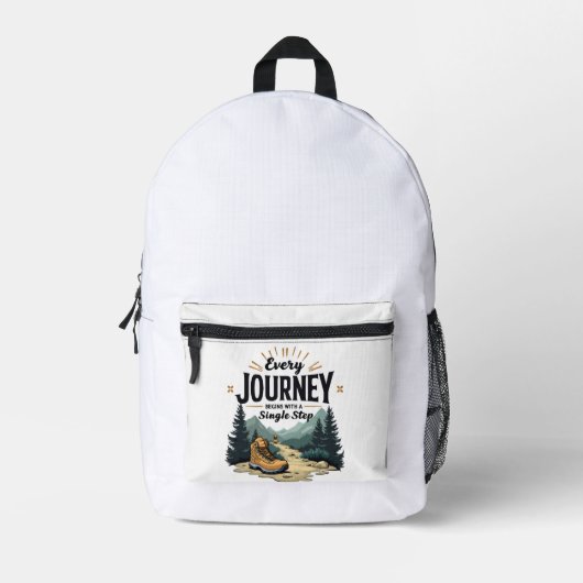旅は一歩ハイキングから独身の始まる プリントバックパック (正面)