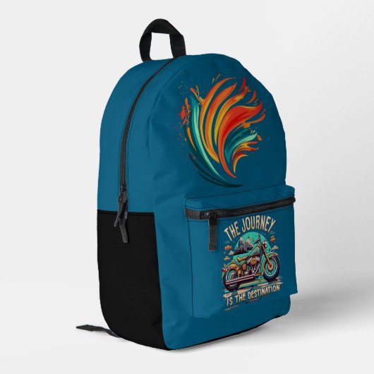 旅は目的地である:ヴィンテージバイク プリントバックパック (裏面左端)