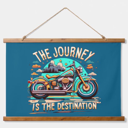 旅は目的地である：ヴィンテージバイク 吊り下げ型タペストリー (正面)
