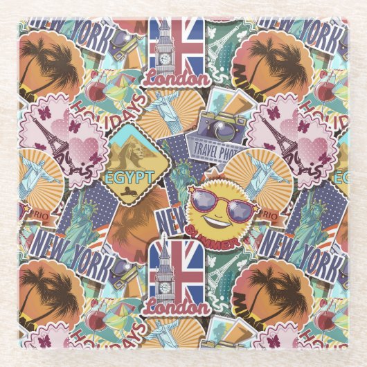 旅カラフル行シール ガラスコースター (正面)