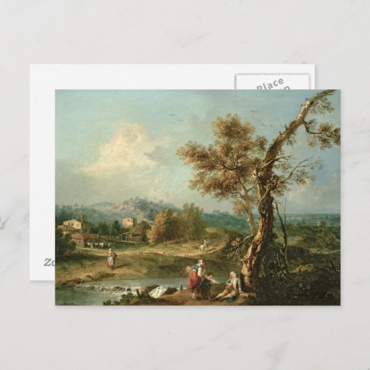 旅人のいるイタリアの川の風景 ポストカード (正面/裏面)