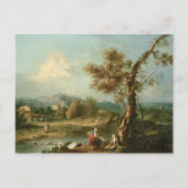 旅人のいるイタリアの川の風景 ポストカード (正面)