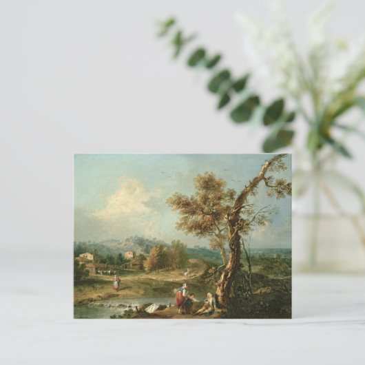 旅人のいるイタリアの川の風景 ポストカード (スタンド正面)