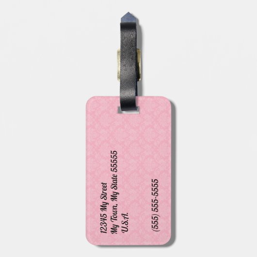 旅人モノグラムののためのピンクダマスク ラゲッジタグ (裏面縦)