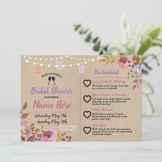 旅程のブライダルシャワーの花柄の瓶のピンク木 招待状 (スタンド正面)