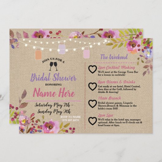 旅程のブライダルシャワーの花柄の瓶のピンク木 招待状 (正面/裏面)