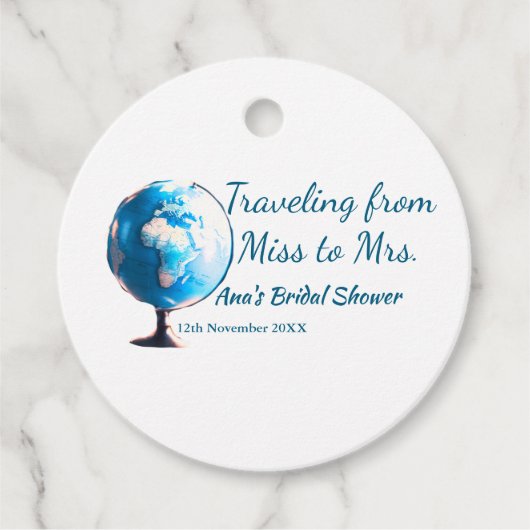 旅行のブライズシャワーに名前と日付を追加 ミスからミセスへ シム フェイバータグ (正面)