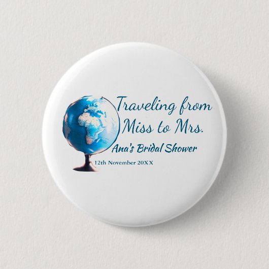 旅行のブライズシャワーに名前と日付を追加 ミスからミセスへ シム 缶バッジ (正面)