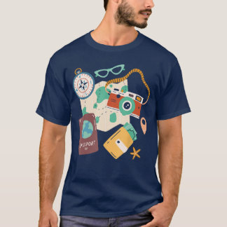 旅行の休日 コスチューム カメラ パスポート 旅する V Tシャツ
