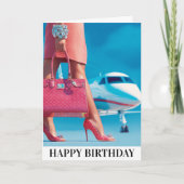 旅行の誕生日 高級感のある女性 ハンドバッグと飛行機 カード (正面)