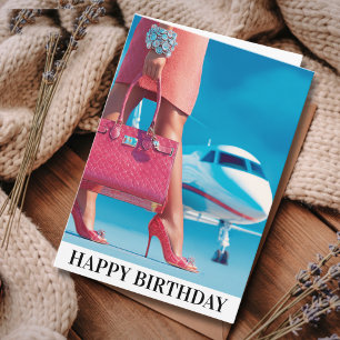 旅行の誕生日 高級感のある女性 ハンドバッグと飛行機 カード