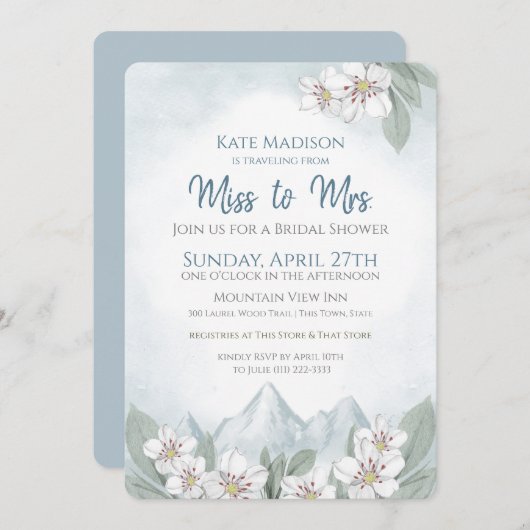 旅行はミッ恋しく思ズ・マウンテンブライダルシャワーへ 招待状 (正面/裏面)