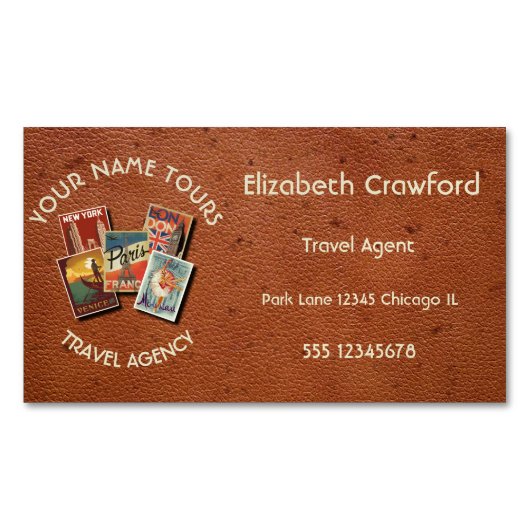 旅行は代理店のヴィンテージの郵便はがきの名前をカスタムするを旅行します マグネット名刺 (正面)