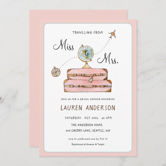 旅行をテーマにしたブライダルシャワー 招待状 (正面/裏面)