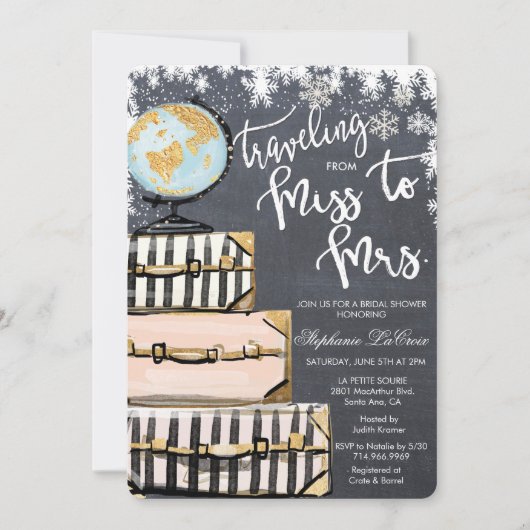 旅行をテーマにした冬のブライダルシャワーへの招待 招待状 (正面)