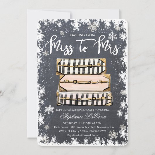 旅行をテーマにした冬のブライダルシャワーへの招待 招待状 (正面)