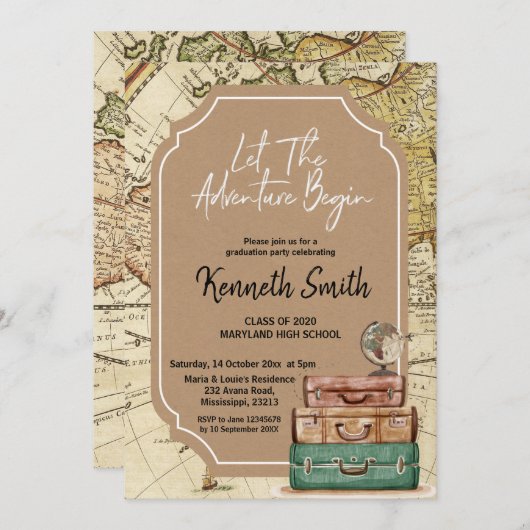 旅行をテーマにした卒業パーティーの招待状 招待状 (正面/裏面)