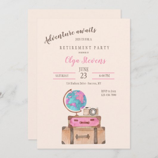 旅行をテーマにした退職パーティー 招待状 (正面/裏面)