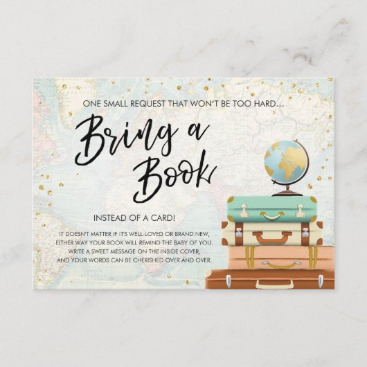 旅行アドベンチャー金ゴールド赤ちゃんシャワー本を持って来る エンクロージャーカード (正面)