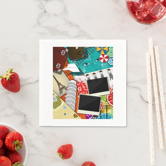 旅行コラージュと象徴的なランドマークバケーション スタンダードカクテルナプキン