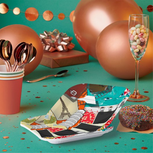 旅行コラージュと象徴的なランドマークバケーション ペーパープレート