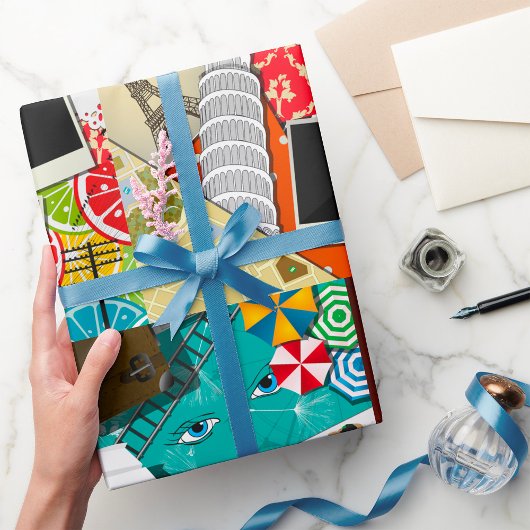 旅行コラージュと象徴的なランドマークバケーション ラッピングペーパー
