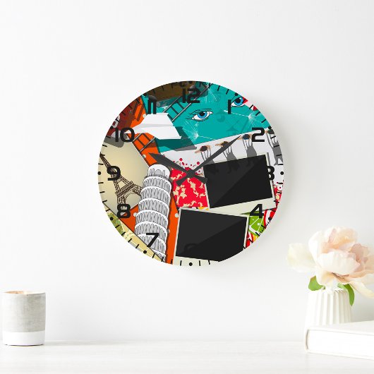 旅行コラージュと象徴的なランドマークバケーション ラージ壁時計