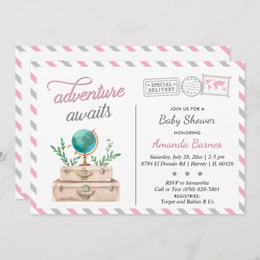 旅行スーツケースベビーガールシャワーアドベンチャー待ち 招待状 (正面/裏面)