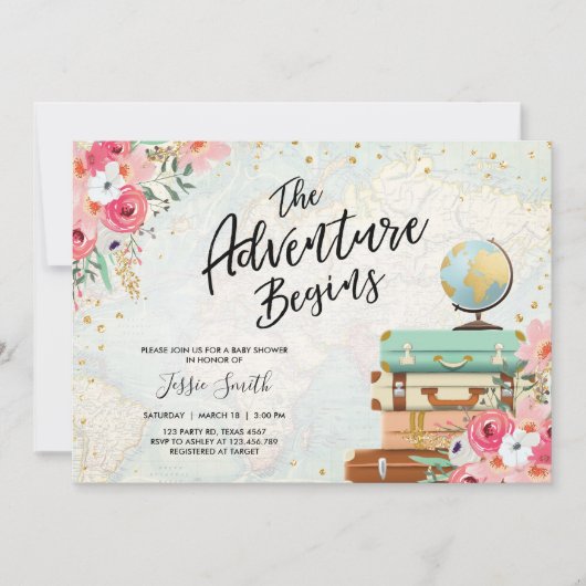 旅行テーマのベビーシャワーの招待の冒険は始まります 招待状 (正面)
