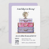 旅行テーマのベビーシャワーの紫色の招待状 招待状 (正面/裏面)