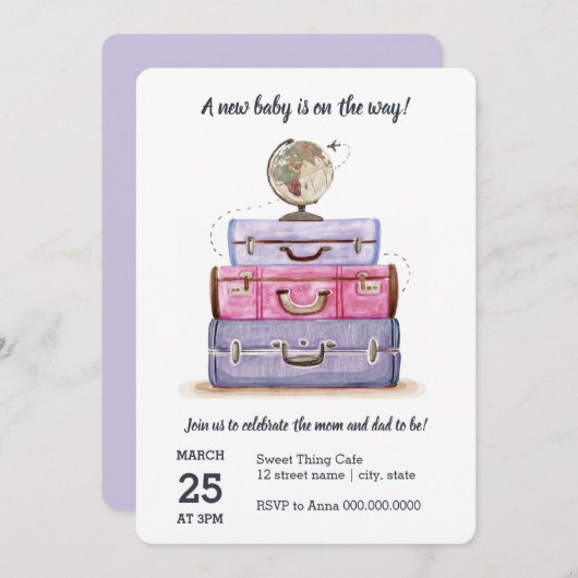 旅行テーマのベビーシャワーの紫色の招待状 招待状 (正面/裏面)