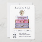 旅行テーマのベビーシャワーの紫色の招待状 招待状 (正面)