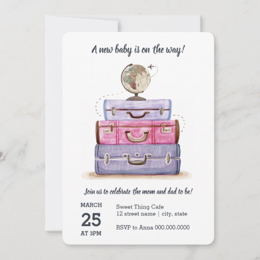 旅行テーマのベビーシャワーの紫色の招待状 招待状 (正面)
