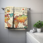 旅行テーマのヴィンテージマップスケッチカラフル バスタオルセット