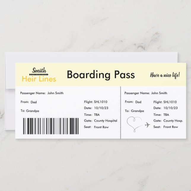 旅行テーマの妊娠告知カード（黄色） (正面)