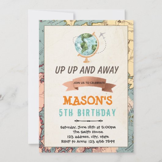 旅行テーマの誕生日の招待 招待状 (正面)