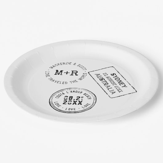 旅行テーマパスポートスタンプカスタムウェディング ペーパープレート (アングル)