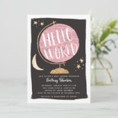 旅行テーマピンクグローブハローワールドベイビーシャワー 招待状 (スタンド正面)