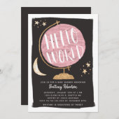 旅行テーマピンクグローブハローワールドベイビーシャワー 招待状 (正面/裏面)