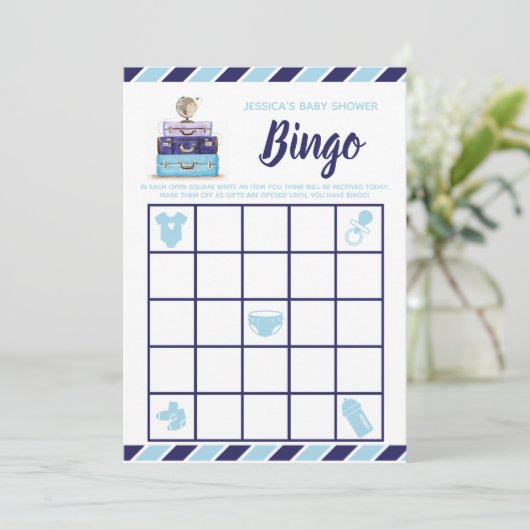 旅行テーマブルーベビーシャワービンゴゲーム 招待状 (スタンド正面)
